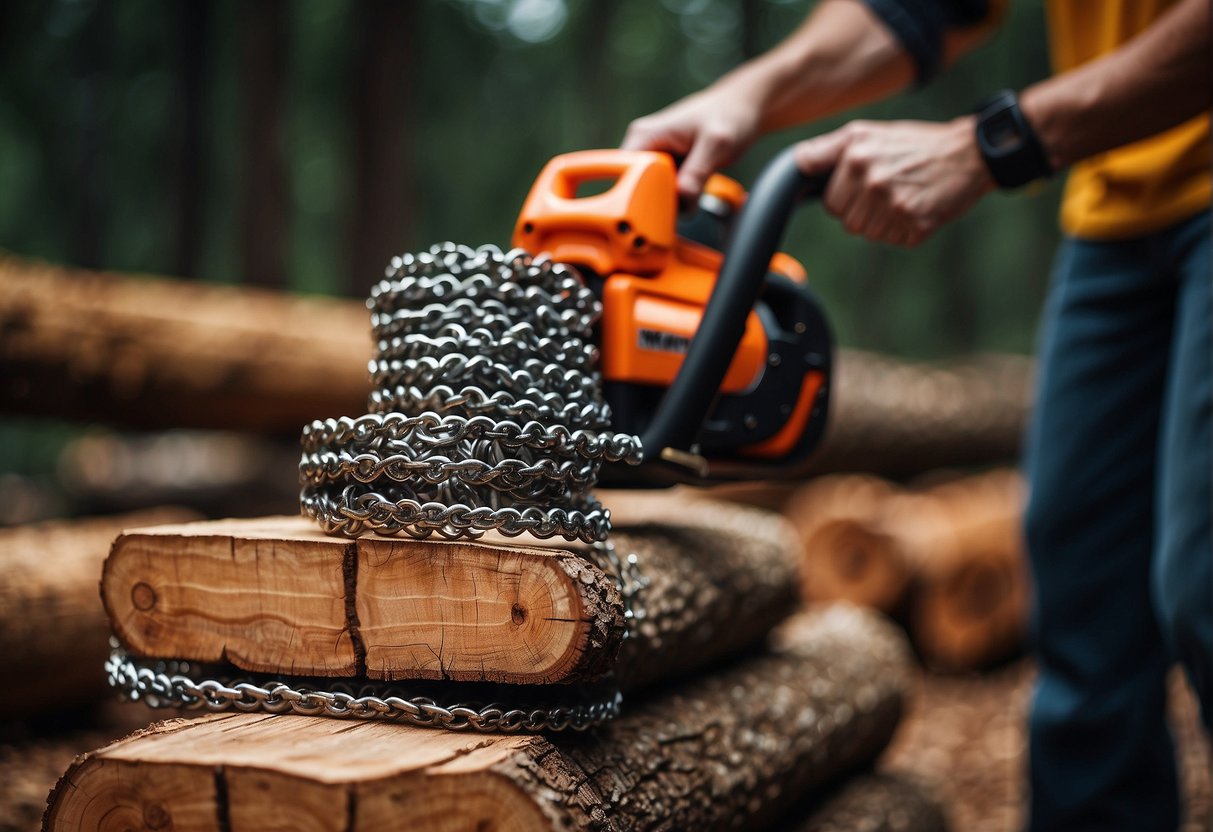A hand holding a diamond tip chainsaw chain, next to a stack of wood