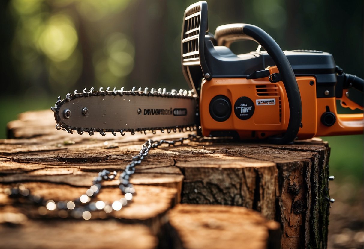 A diamond tip chainsaw chain slices through a thick piece of wood, creating clean and precise cuts. The chain glimmers in the sunlight as it effortlessly powers through the tough material