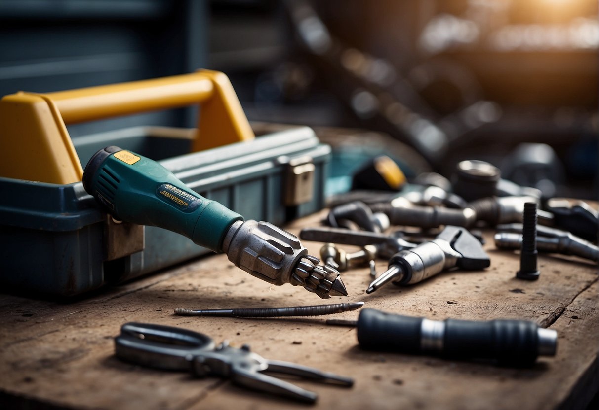 A broken drill bit lies next to a frustrated worker's tool box