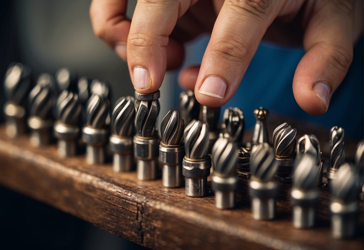 A hand holding a broken drill bit, inspecting a selection of different drill bits. A puzzled expression on the face, as if trying to figure out why they keep breaking