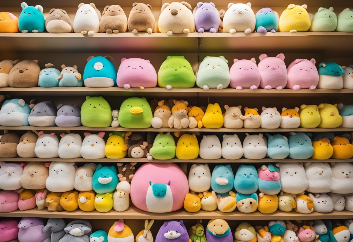 A colorful display of 24-inch Squishmallows fills the shelves of a toy store, with various characters and animals stacked neatly in rows