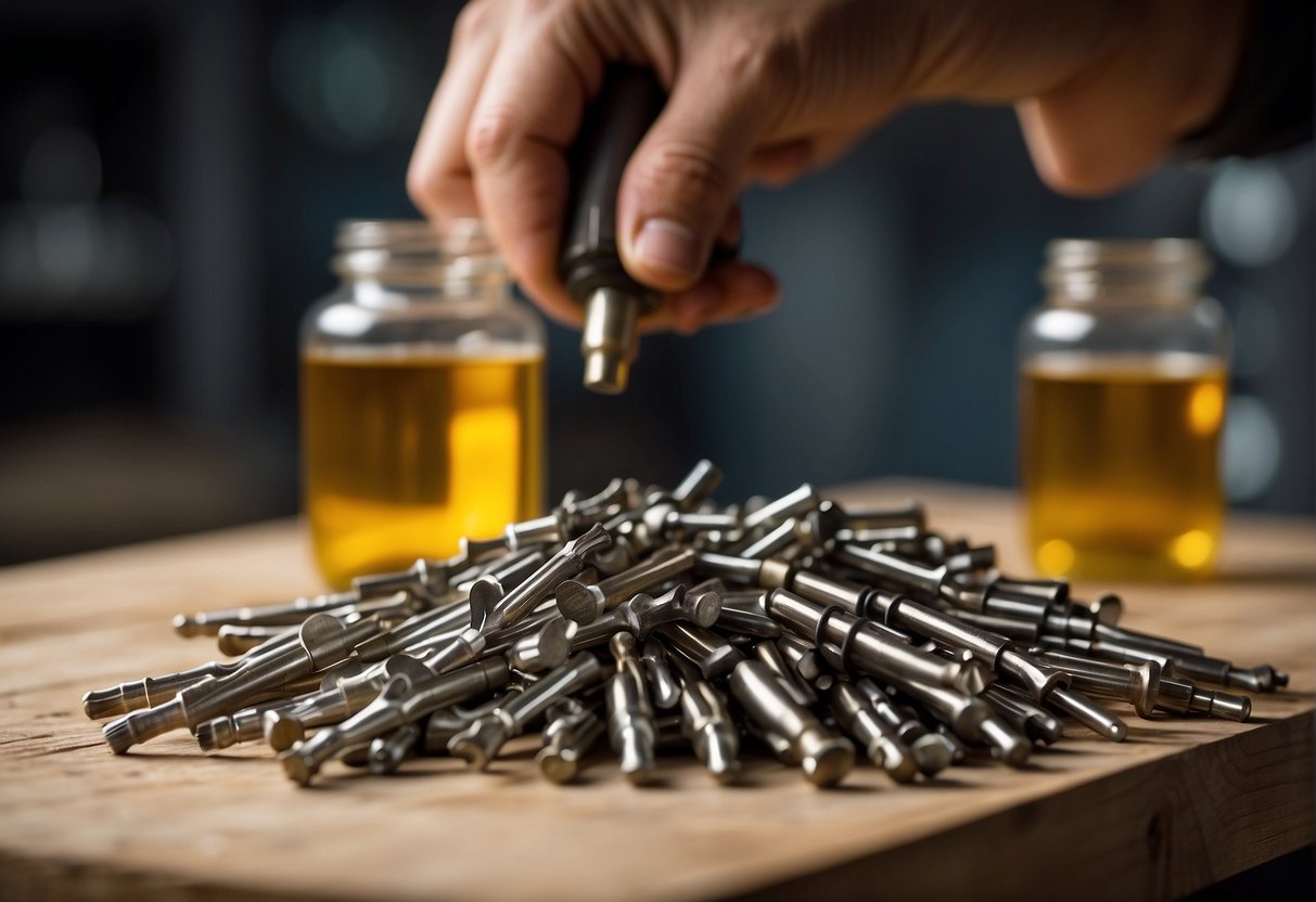 Drill bits scattered on a workbench, some broken. A hand holding a manual on drill bit maintenance. A jar of cutting oil nearby
