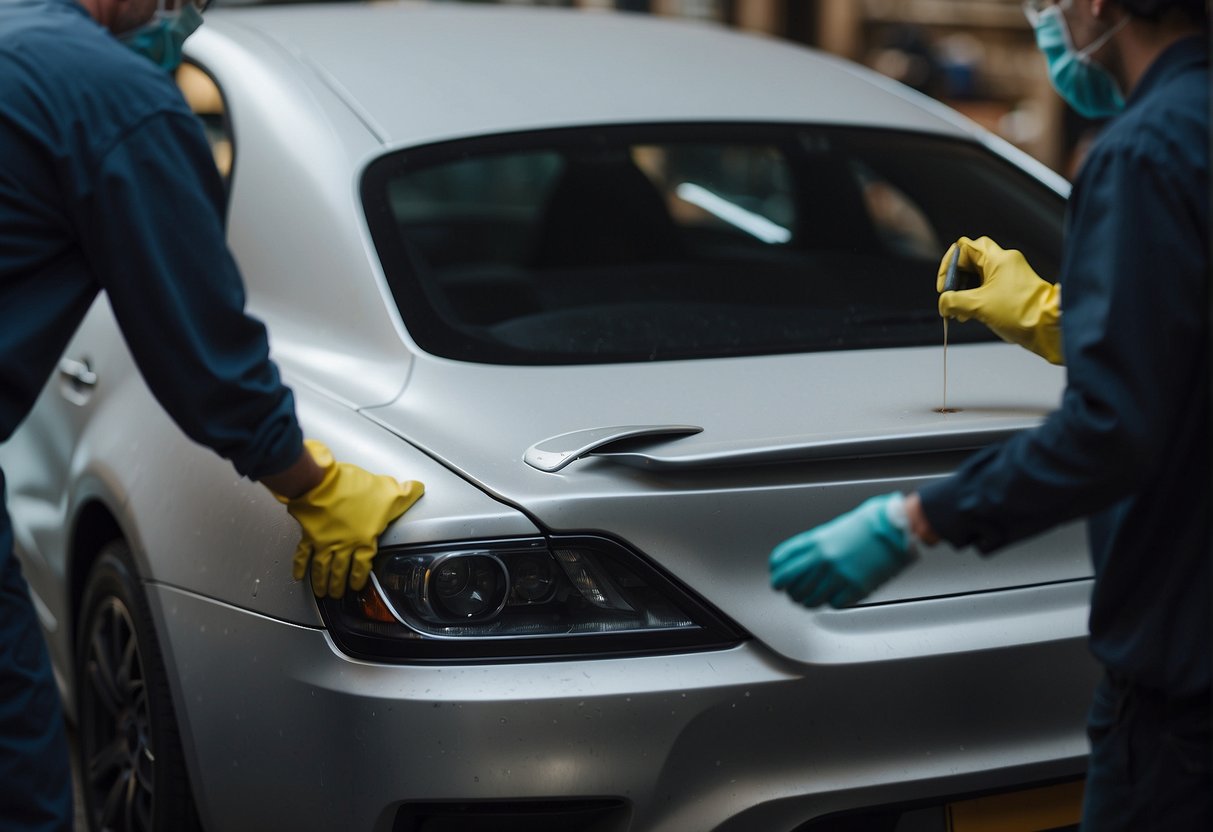 A car being sanded between primer coats