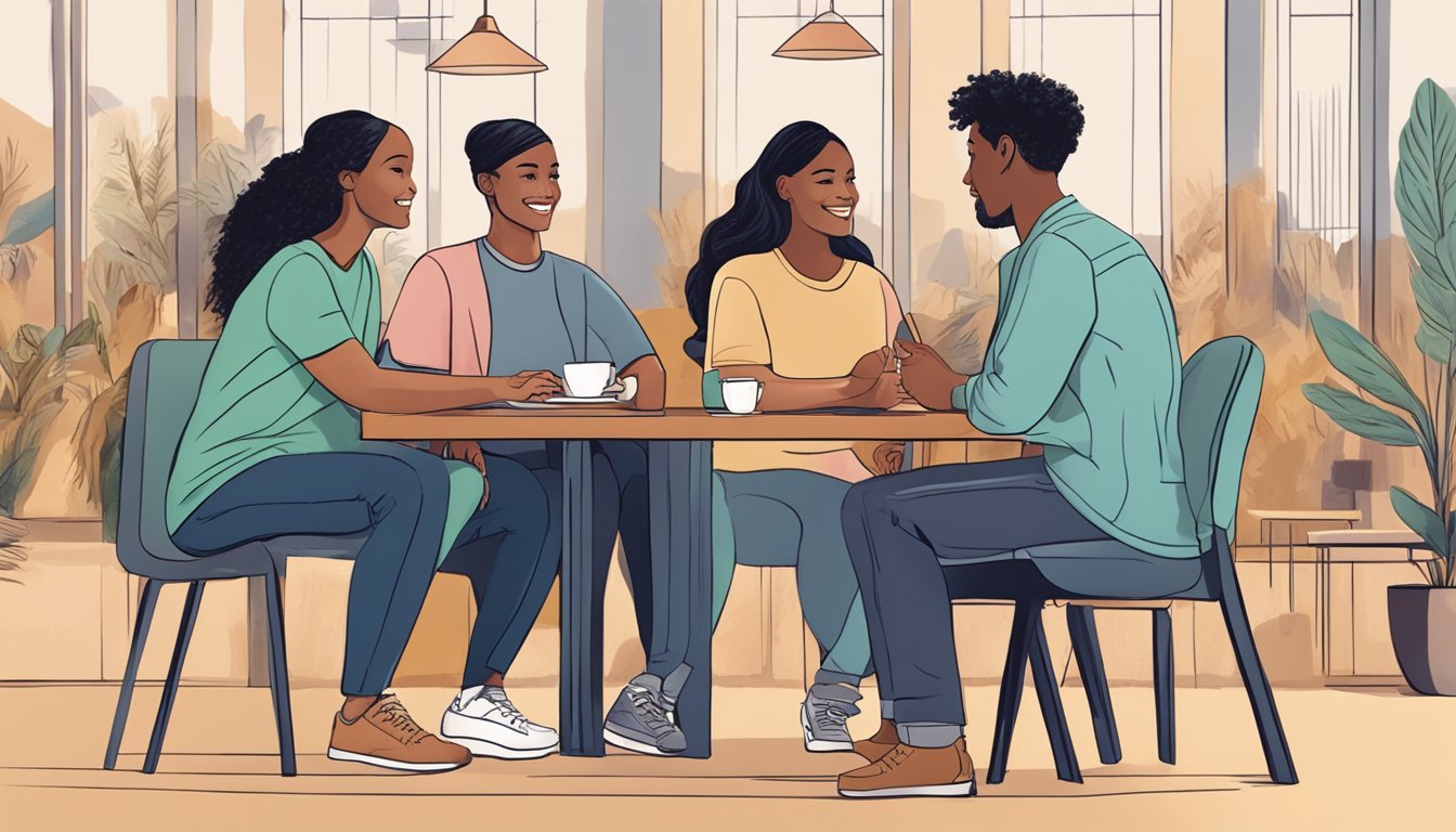 A group of diverse individuals engage in conversation and interaction, showing a sense of connection and community