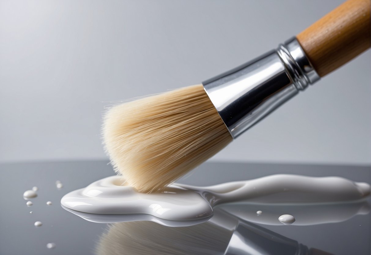 A brush applies polycrylic over white paint on a smooth surface