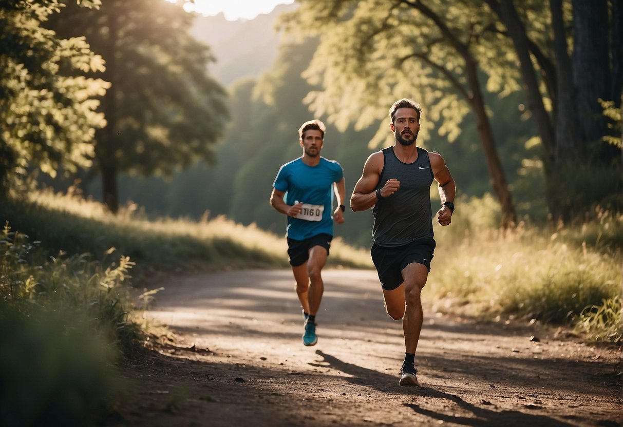 A runner in motion, surrounded by nature, with a Bible in hand, and a sense of determination on their face