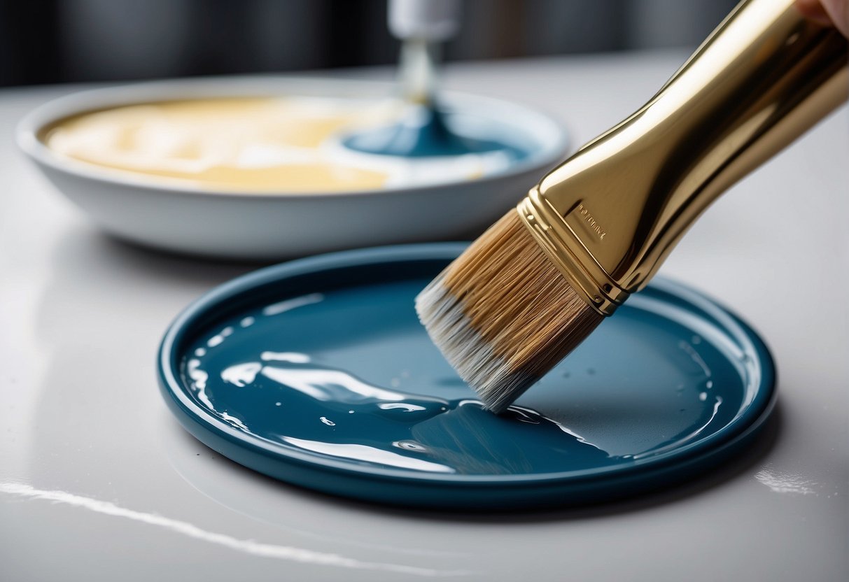 A hand holding a paintbrush applies polycrylic over white paint on a smooth surface, adding final touches and maintenance