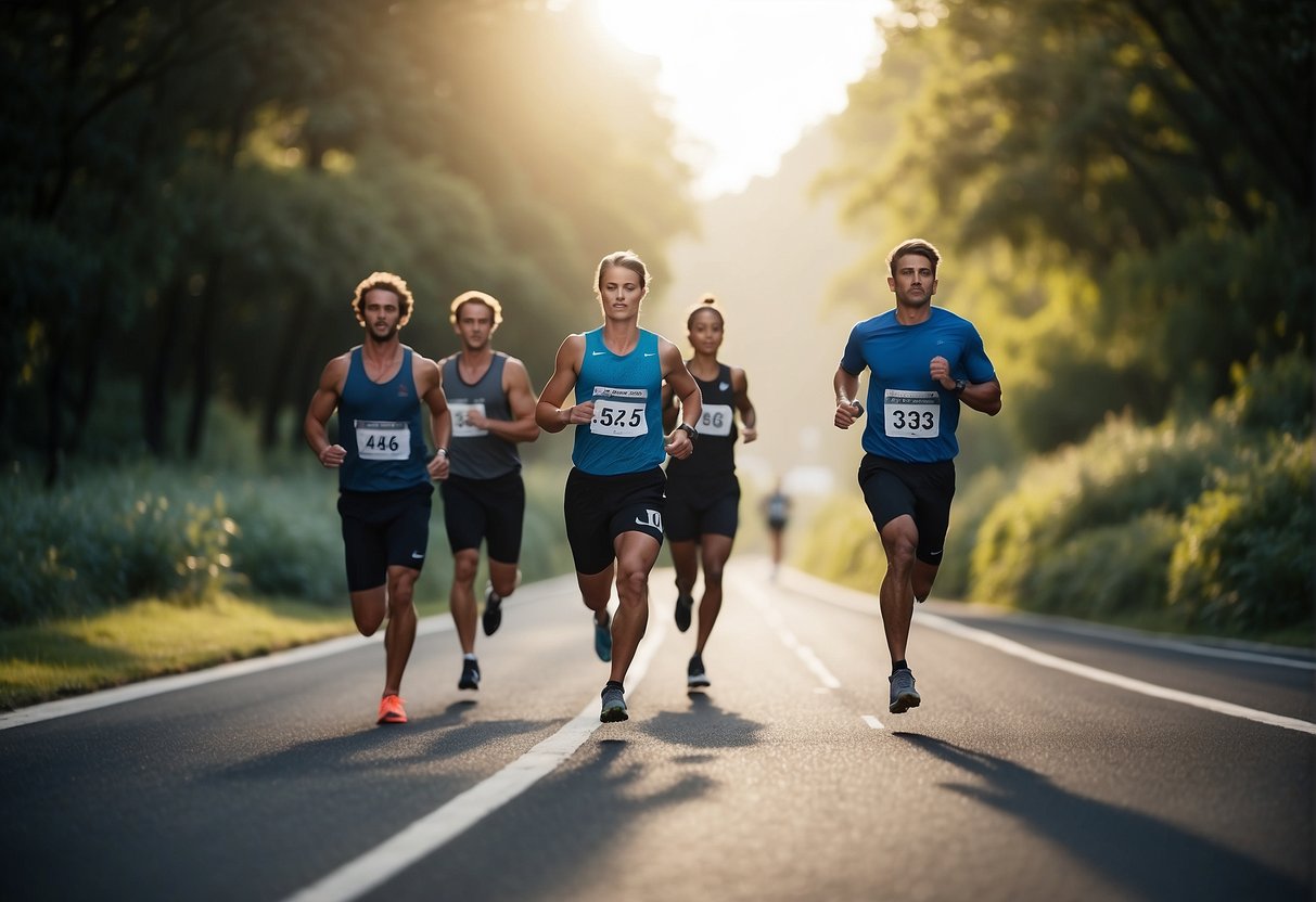 Runners racing on a winding path, surrounded by encouraging Bible verses. The finish line is in sight, symbolizing the race of faith