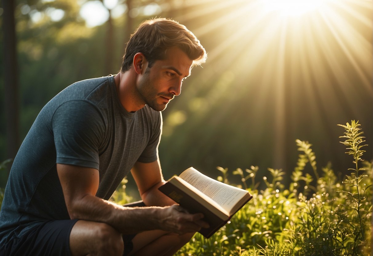 A runner reading a Bible, surrounded by nature, with rays of sunlight shining down, depicting strength and determination