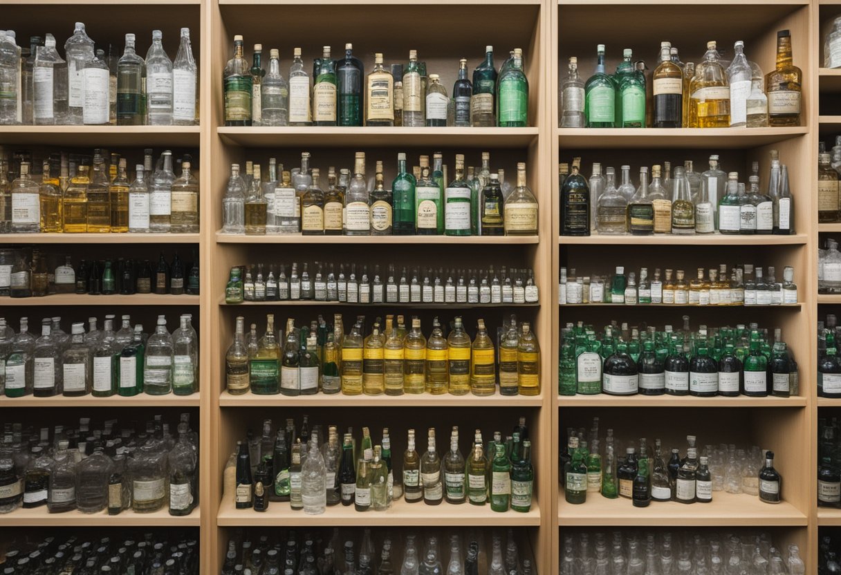 A shelf stocked with 99% isopropyl alcohol bottles, labeled and organized for sale