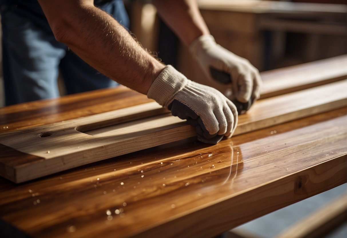 A carpenter applies shellac to a wooden surface, creating a waterproof finish
