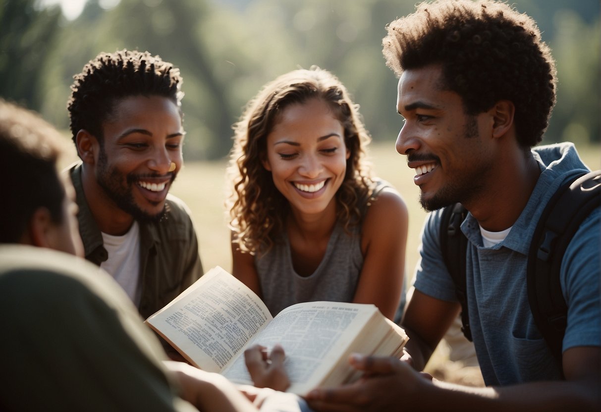 A group of people reading and discussing Bible verses, with a focus on running and journeying