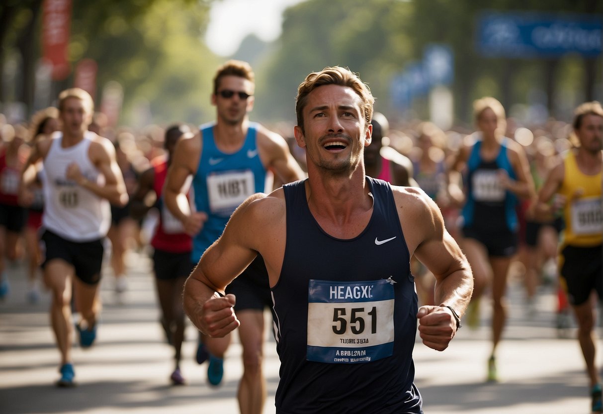 A marathon runner crosses the finish line, exhausted but triumphant, with a Bible open to verses about discipline and perseverance in the foreground