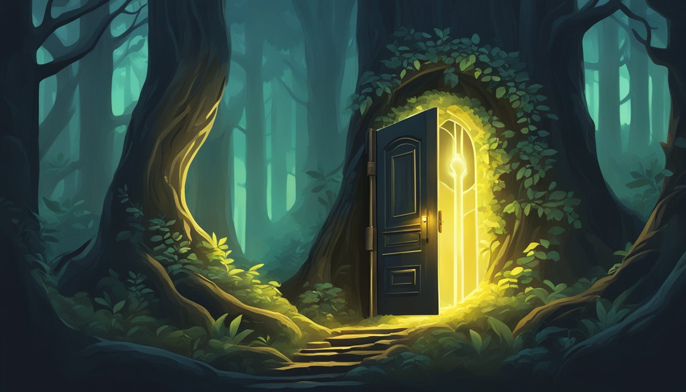 A mysterious key unlocks a hidden door in a dark forest, revealing a glowing symbol