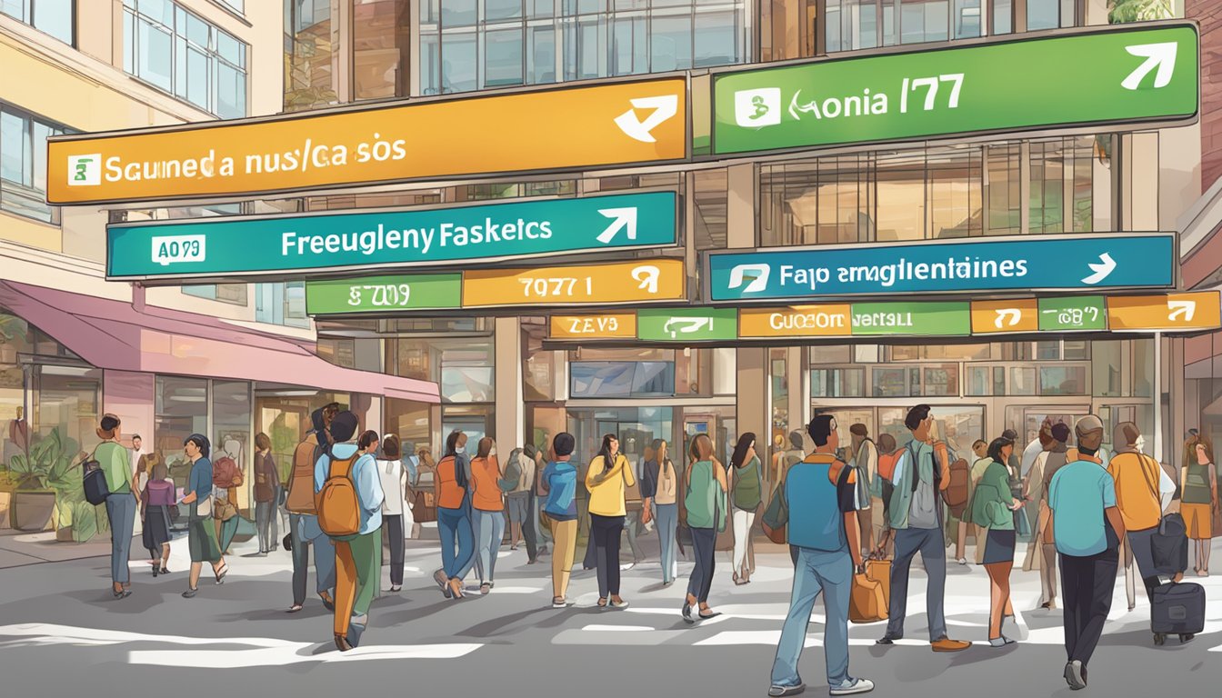 A large sign with "Frequently Asked Questions 7676 Significado" displayed prominently in a busy public area