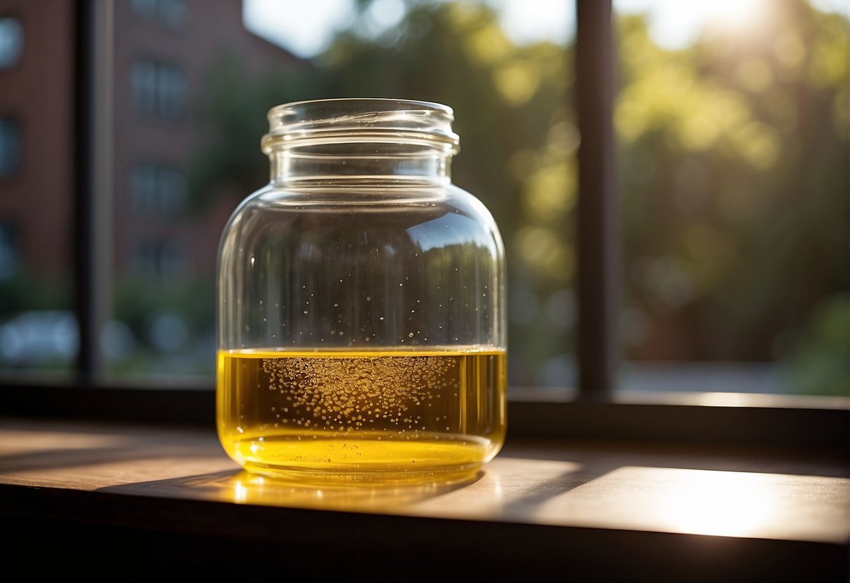 A clear glass jar of polyurethane sits in direct sunlight, slowly turning a vibrant shade of yellow