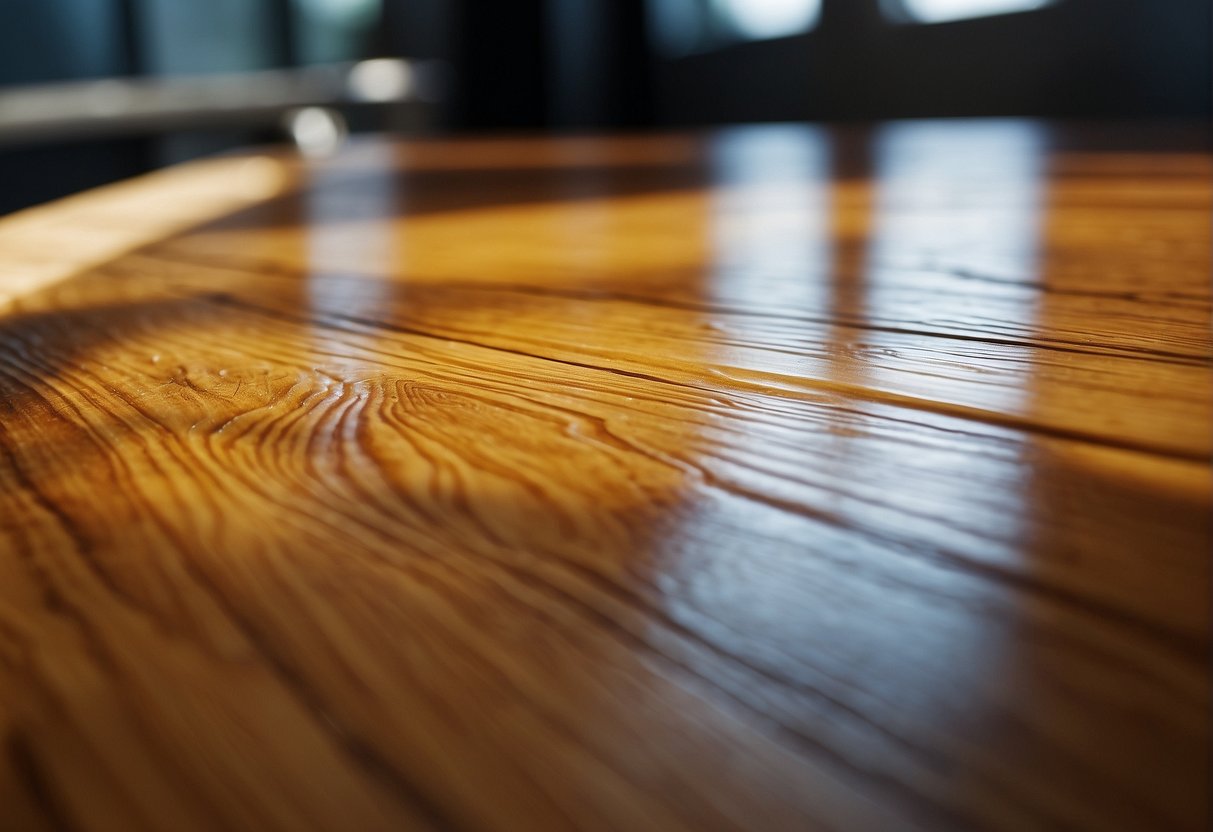 A clear, glossy polyurethane coating on a wooden surface is gradually turning yellow due to exposure to sunlight and air
