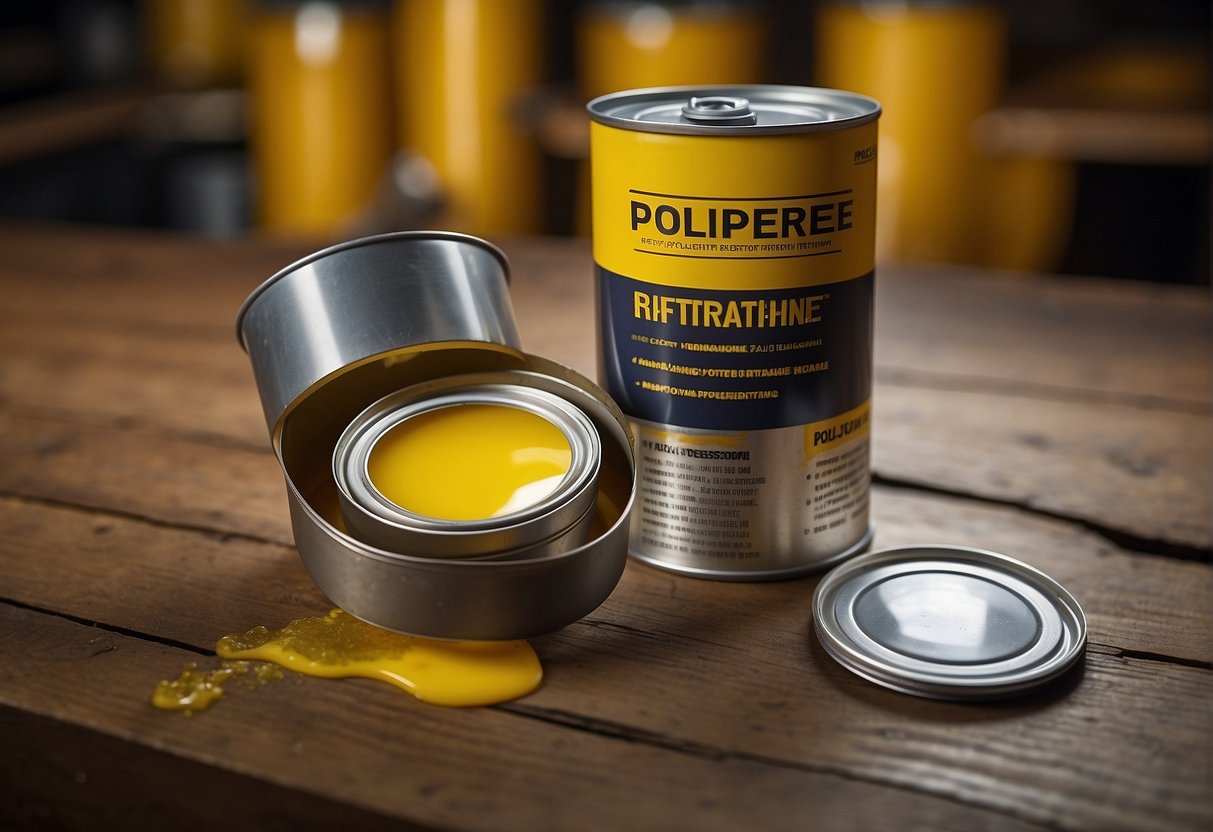 A can of polyurethane is being applied to a yellow surface for restoration and repair