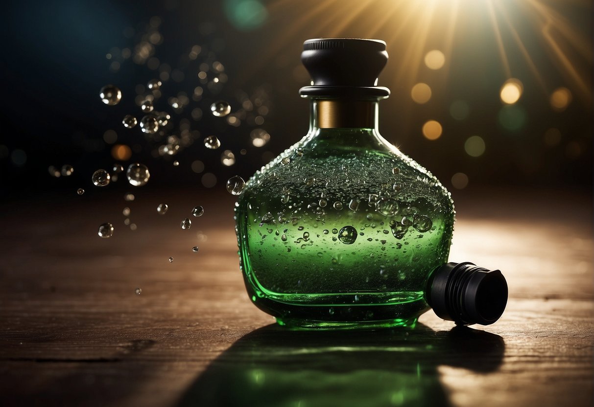 A bottle of gamsol spills, emitting toxic fumes