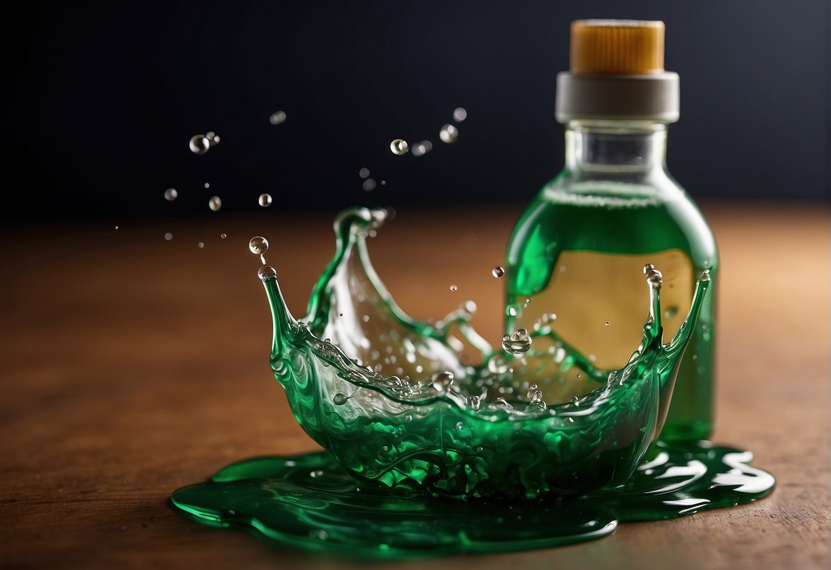 Gamsol liquid spills from a tipped bottle, emitting toxic fumes