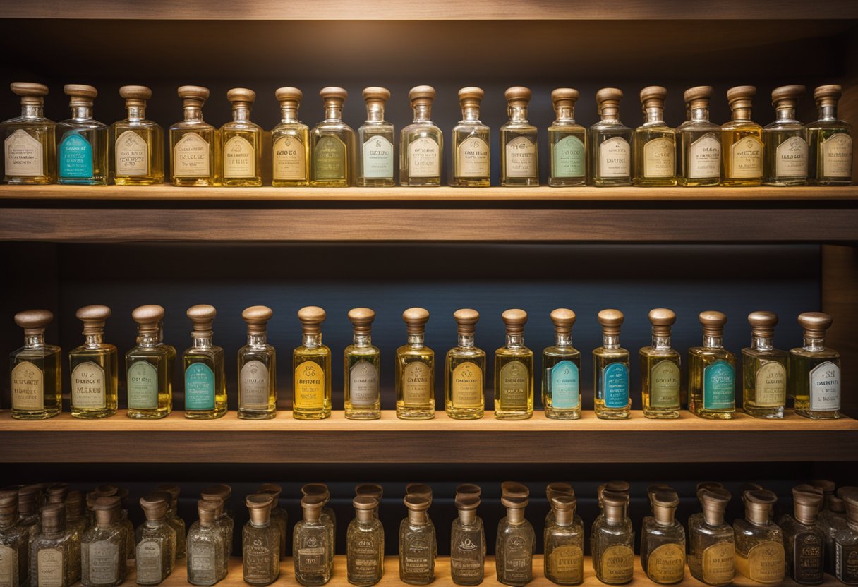 A display of 4711 Cologne bottles on a polished wooden shelf, with a vintage-looking sign above it, and a soft spotlight highlighting the products