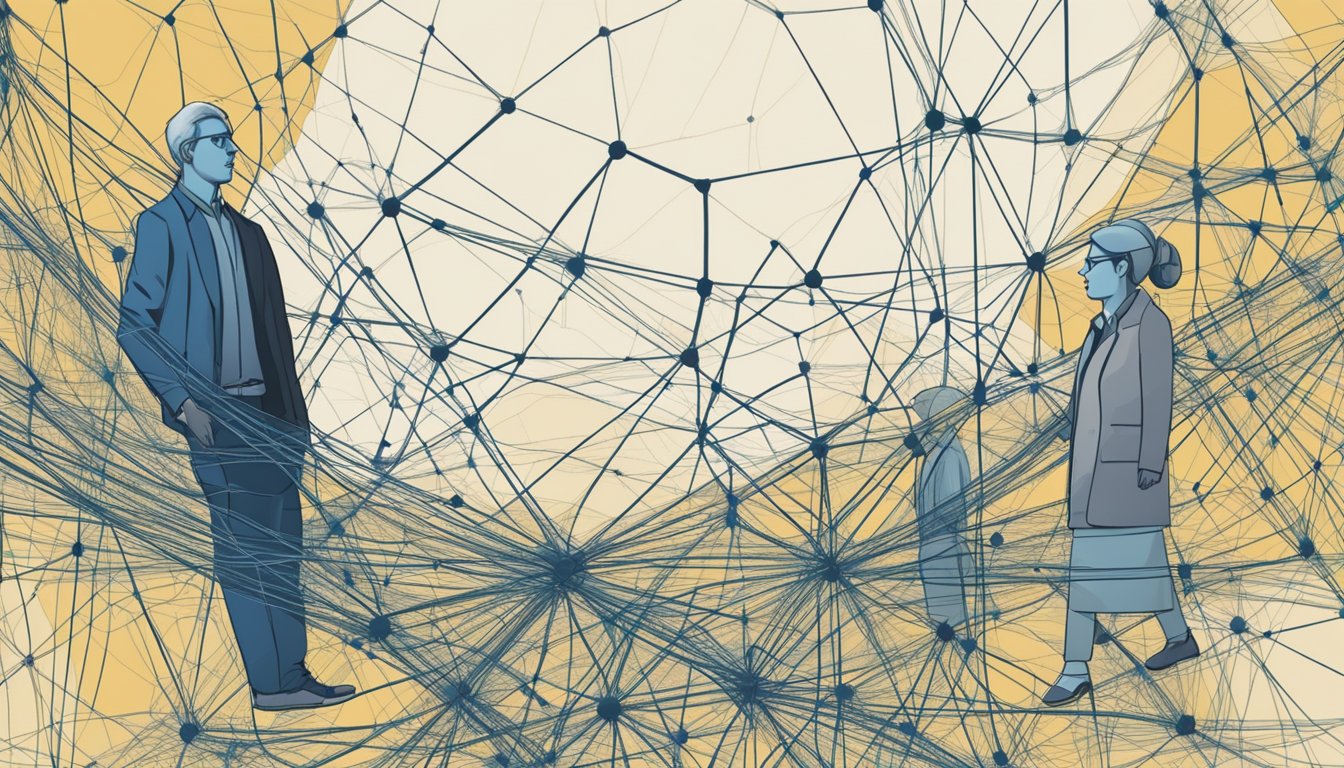 A person's relationships and personality are depicted through a web of interconnected lines and shapes, symbolizing the impact and significance of their connections