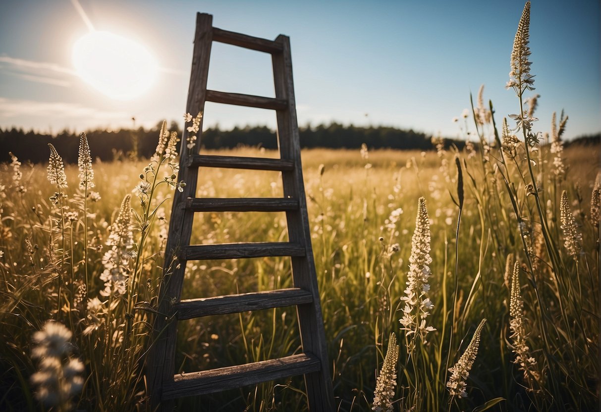 A wooden ladder leaning against a rustic barn, surrounded by tall grass and wildflowers, with a clear blue sky overhead