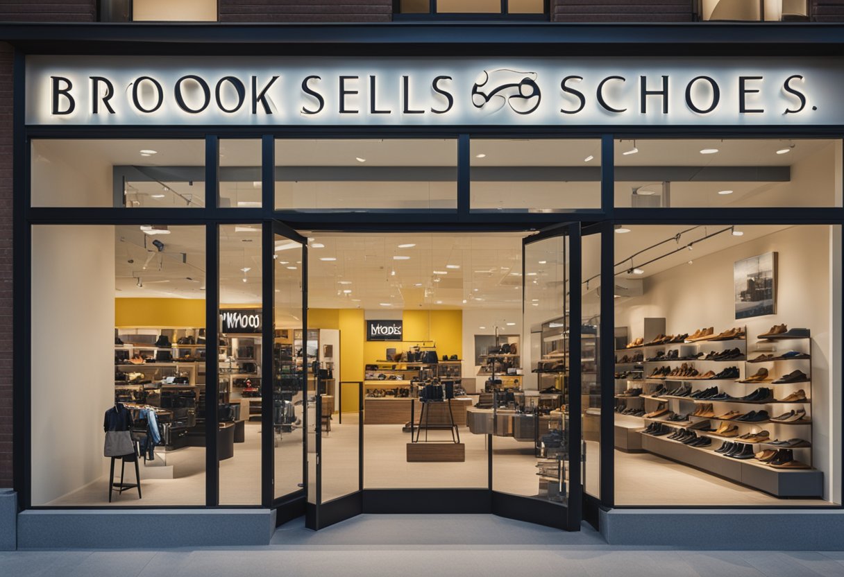 A brightly lit storefront with a large sign reading "Who Sells Brooks Shoes?" surrounded by various styles of shoes displayed in the window