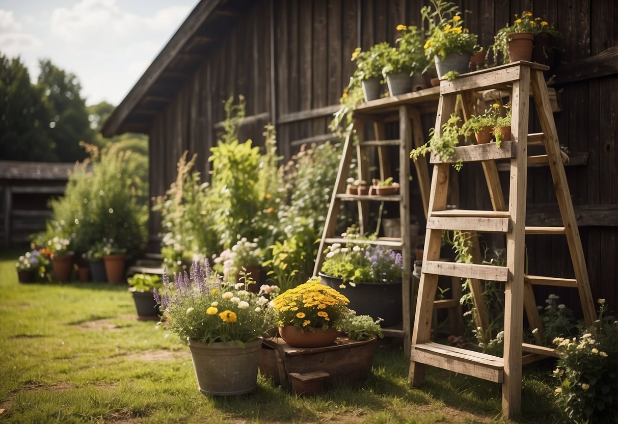 A wooden ladder leaning against a rustic barn, surrounded by tools and gardening equipment. The ladder is well-maintained, with smooth, polished rungs and a sturdy frame