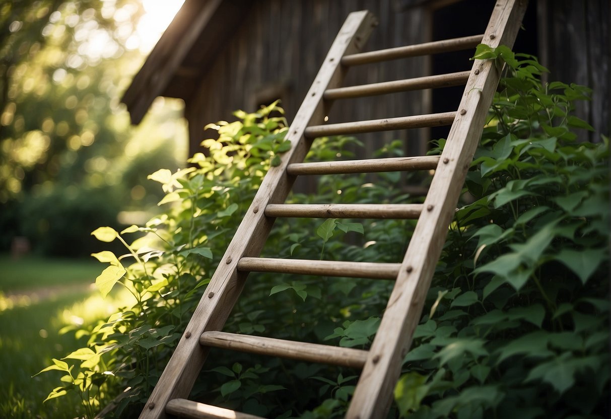 A wooden ladder leaning against a rustic barn, surrounded by lush greenery. Sunlight filters through the leaves, casting dappled shadows on the ladder's rungs