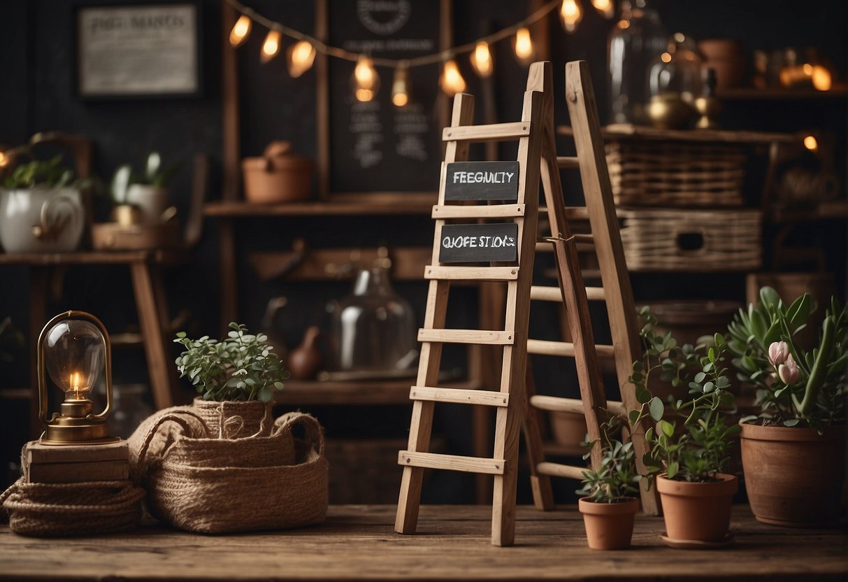 A wooden ladder surrounded by various objects, with a sign reading "Frequently Asked Questions" above it