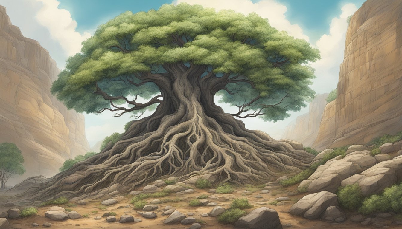 A tree growing tall amidst a rocky landscape, with roots digging deep into the earth and branches reaching towards the sky