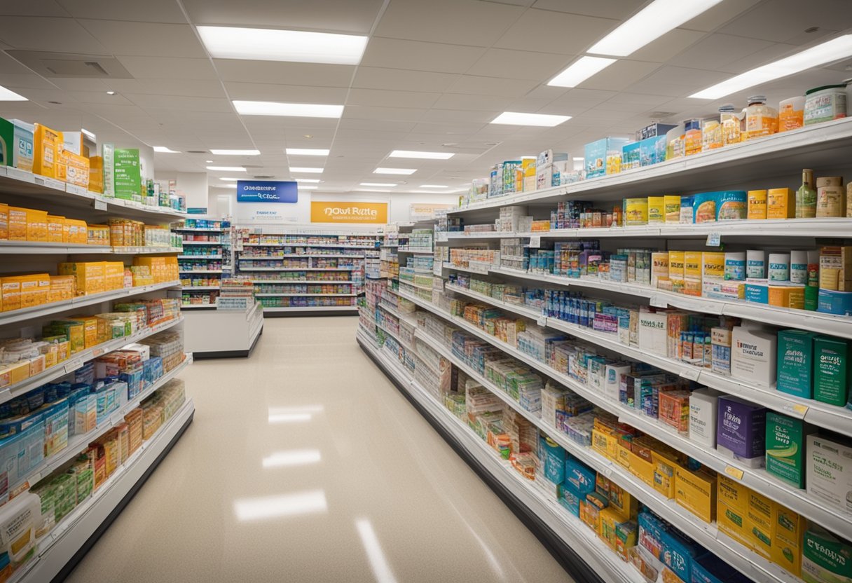 A brightly lit pharmacy aisle with shelves stocked with Equate brand products, a prominent sign above, and customers browsing the selection