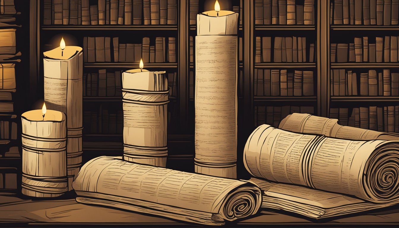 A stack of ancient scrolls, each labeled with the number 556, sits in a dimly lit library.</p><p>A flickering candle casts eerie shadows on the worn pages