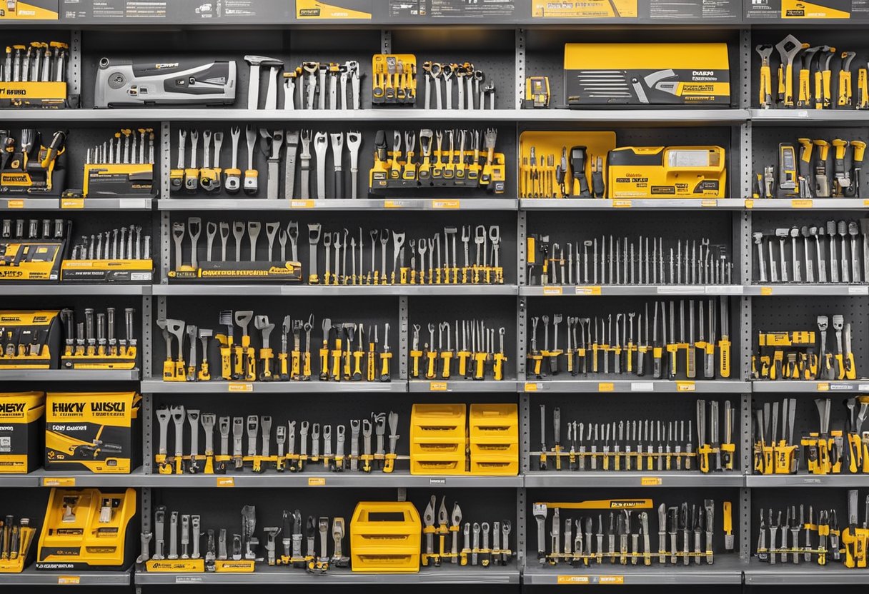 A hardware store display shelf showcases various Husky tools, including wrenches, screwdrivers, and power tools. The bright packaging and bold branding catch the eye