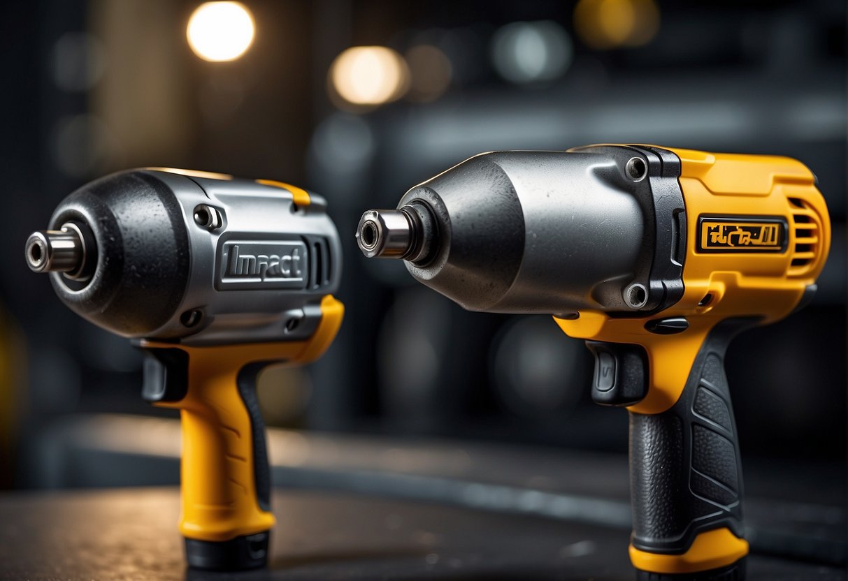 An impact wrench and an impact driver face off, each with a distinct design and purpose. The wrench features a bulkier, more heavy-duty appearance, while the driver is sleeker and more compact. Both tools exude power and precision