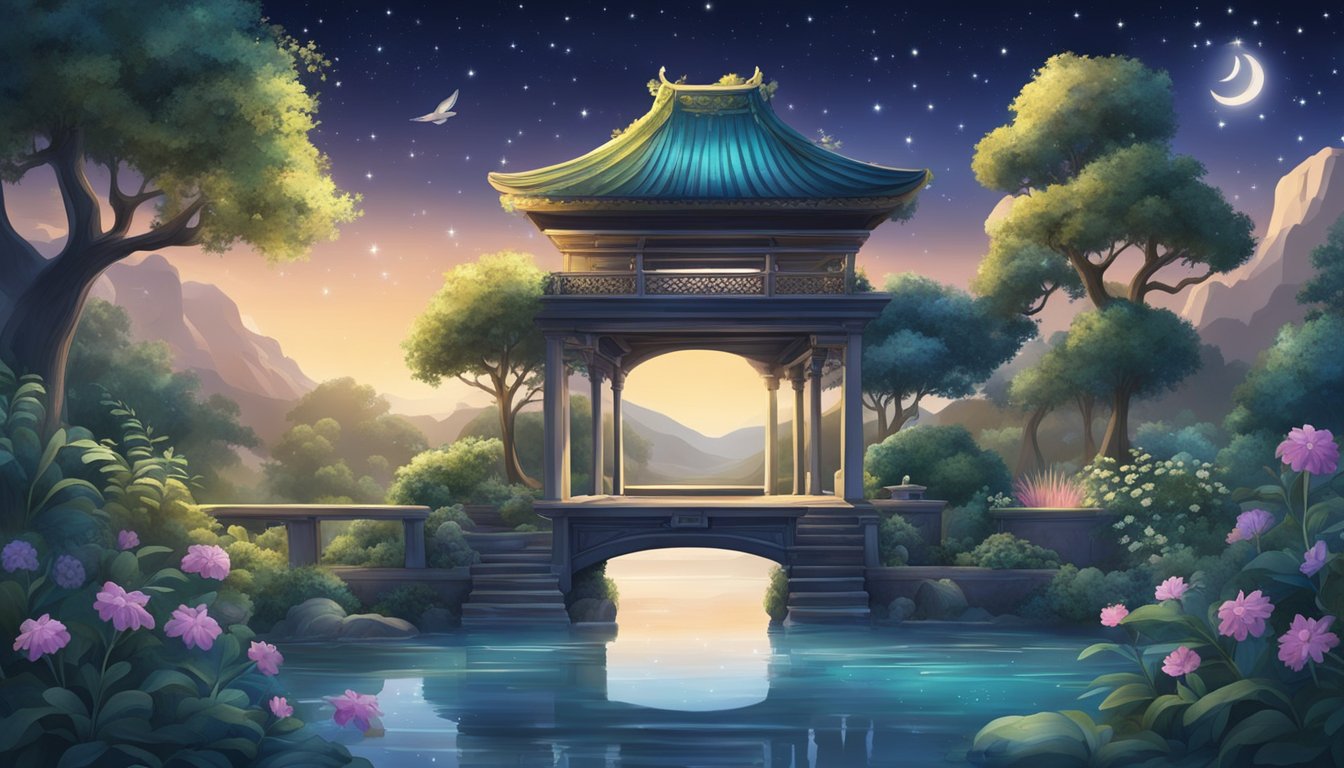 A serene garden with a flowing stream, surrounded by ancient symbols and mystical objects, under a starlit sky