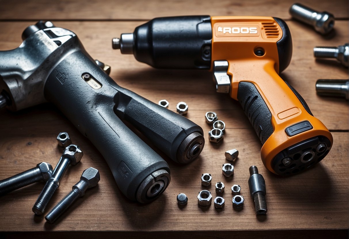 An impact wrench and an impact driver sit side by side on a workbench, surrounded by a variety of nuts, bolts, and screws