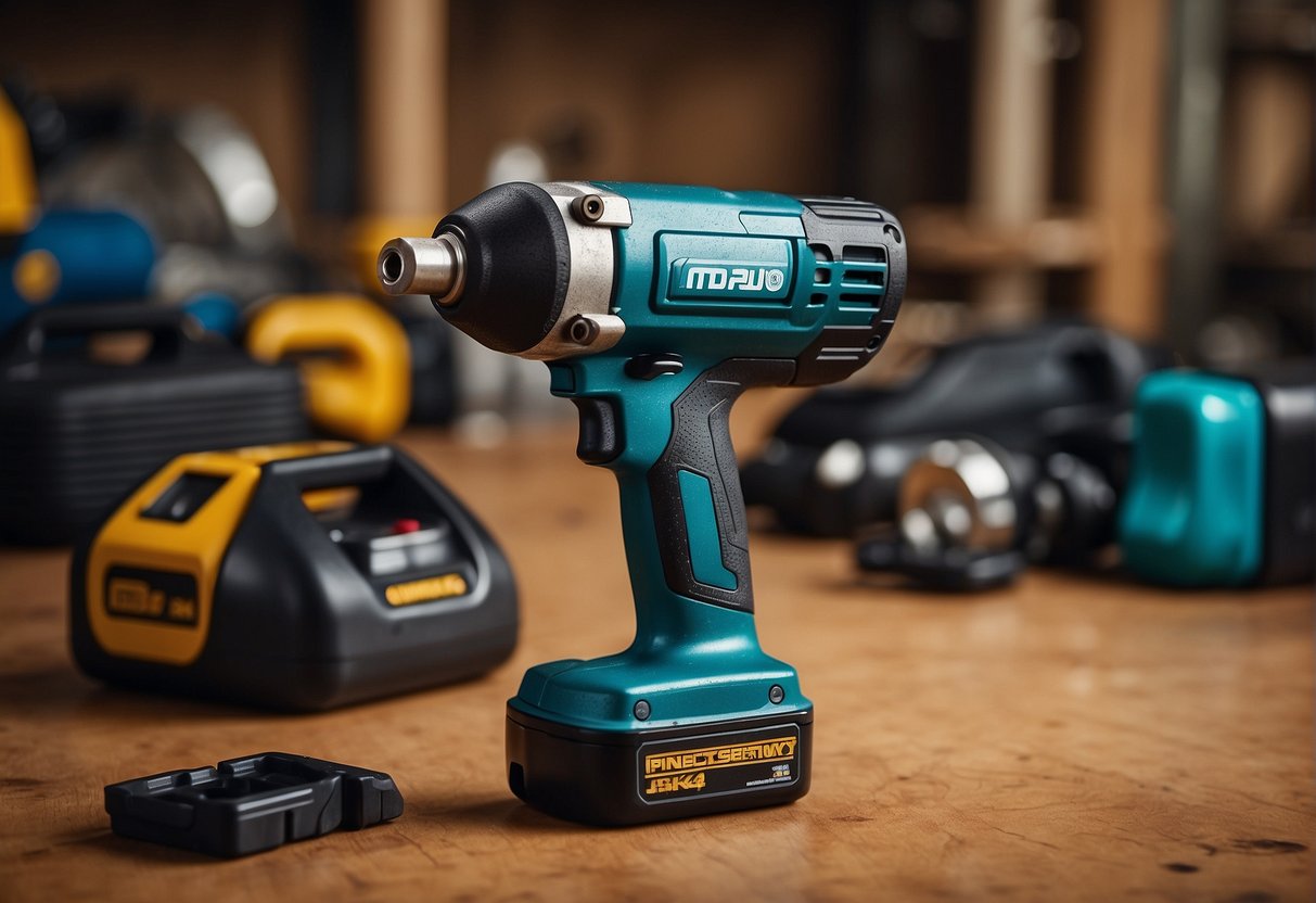 An impact wrench and impact driver facing off in a tool showdown, surrounded by question marks and curious onlookers