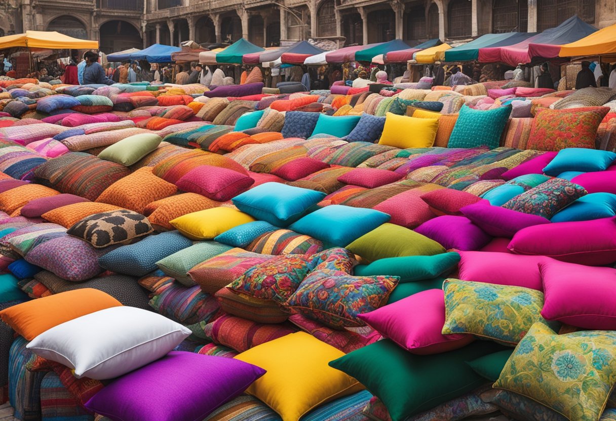 A bright, bustling marketplace with colorful stalls and eager vendors, each proudly displaying their unique pillows. Shoppers mill about, examining the various options and haggling over prices