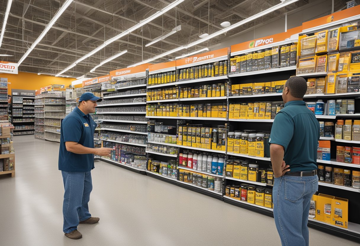 A hardware store with PPG Paint prominently displayed on shelves. Customers browsing and an employee assisting