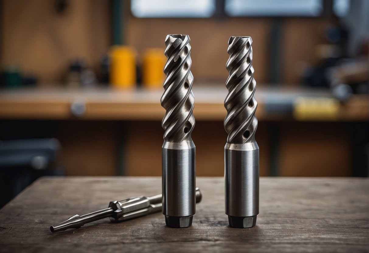 Two drill bits, SDS and SDS Plus, facing each other on a workbench