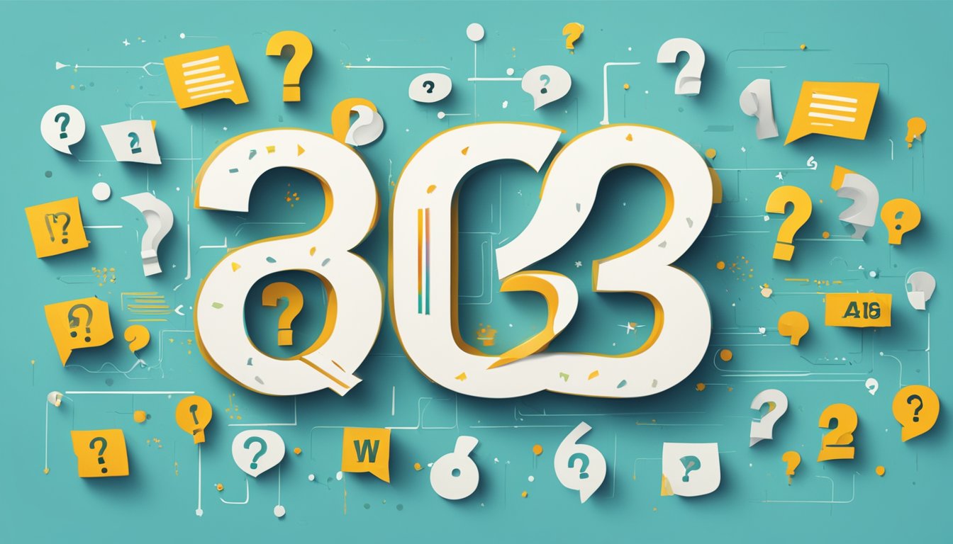 A large sign with "Frequently Asked Questions 8282 Significado" in bold letters, surrounded by question marks and exclamation points