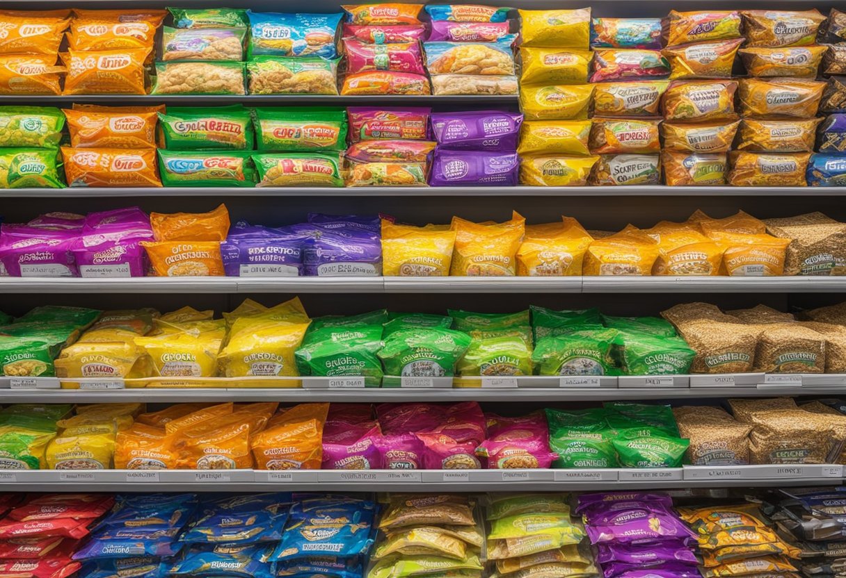 A colorful market stall displays Quest Chips with a large sign reading "Who Sells Quest Chips?" Customers browse the variety of flavors and sizes