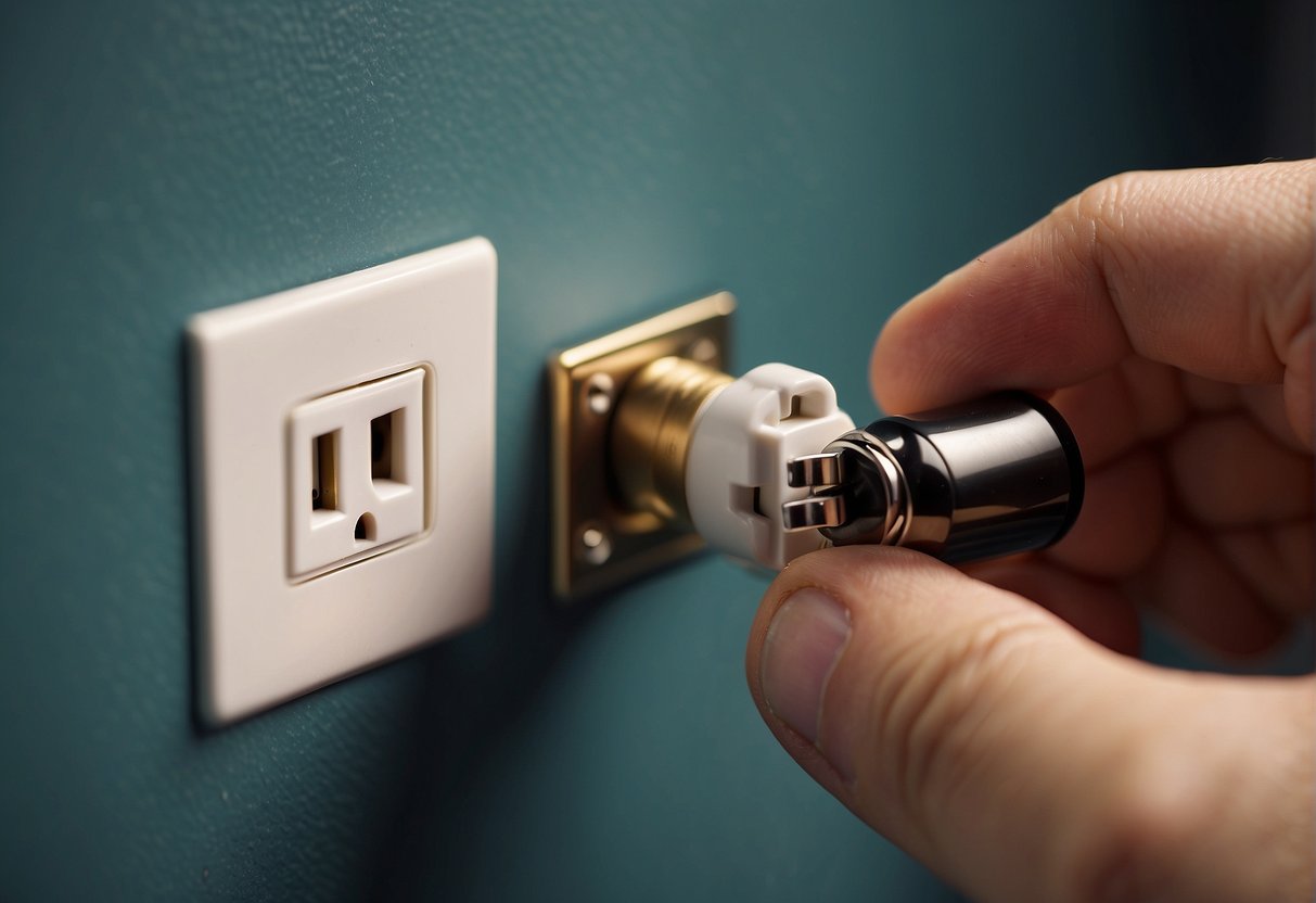 A plug is inserted into an electrical outlet, while a receptacle awaits to receive it