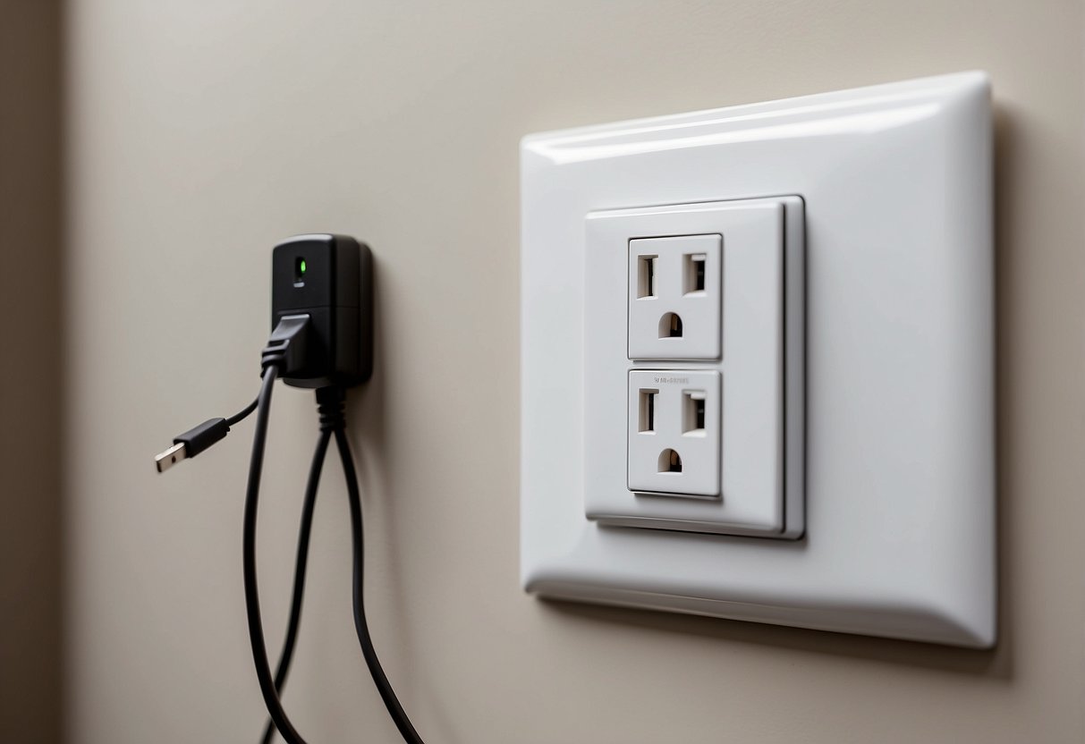 An outlet with two receptacles, one for a plug and one for a USB charger, mounted on a white wall next to a desk