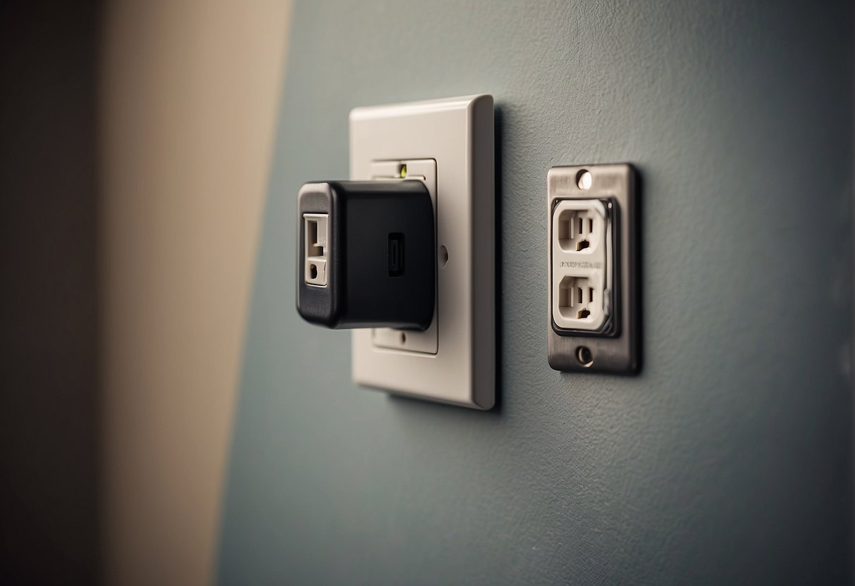 An electrical safety outlet is installed next to a standard receptacle on a wall