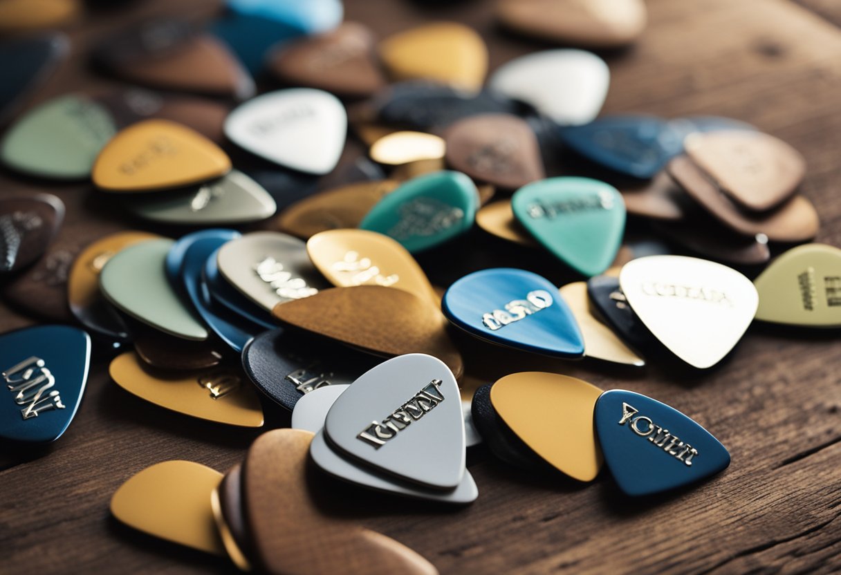 A variety of guitar picks scattered on a wooden surface, with different sizes, colors, and materials