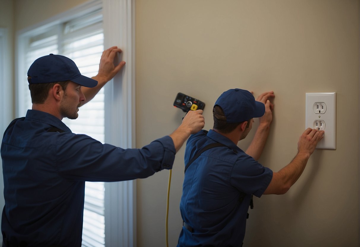 A technician installs an outlet on a wall, while another technician maintains a receptacle