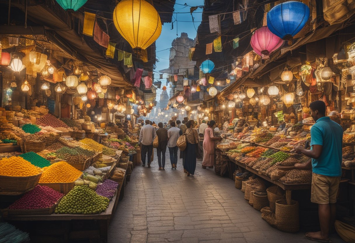 A bustling marketplace with colorful stalls and exotic goods. A sign reading "Who Sells Rare Beauty?" hangs above a mysterious, ornate shop